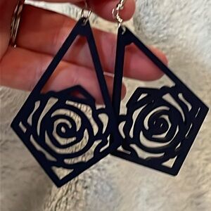 Vintage Wooden Black Rose Geometrical Dangling Earrings